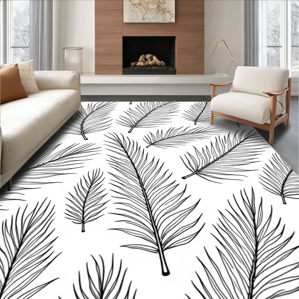 Feather Pattern Black White Outline Art Rug