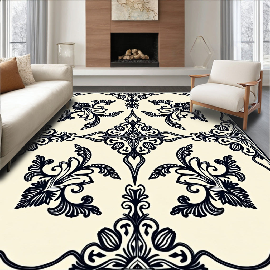 Ornate Black Floral Damask Pattern Rug