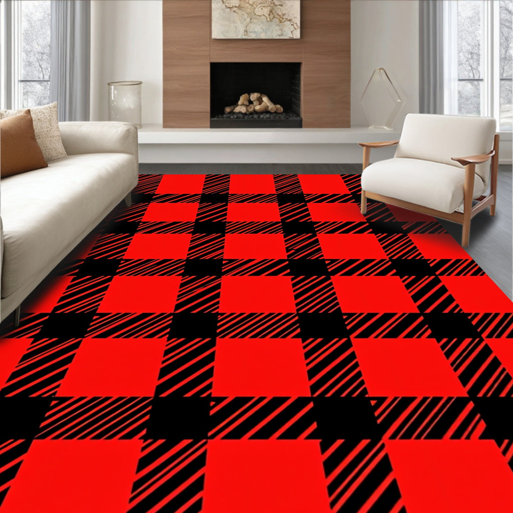 Classic Red Black Plaid Pattern Rug