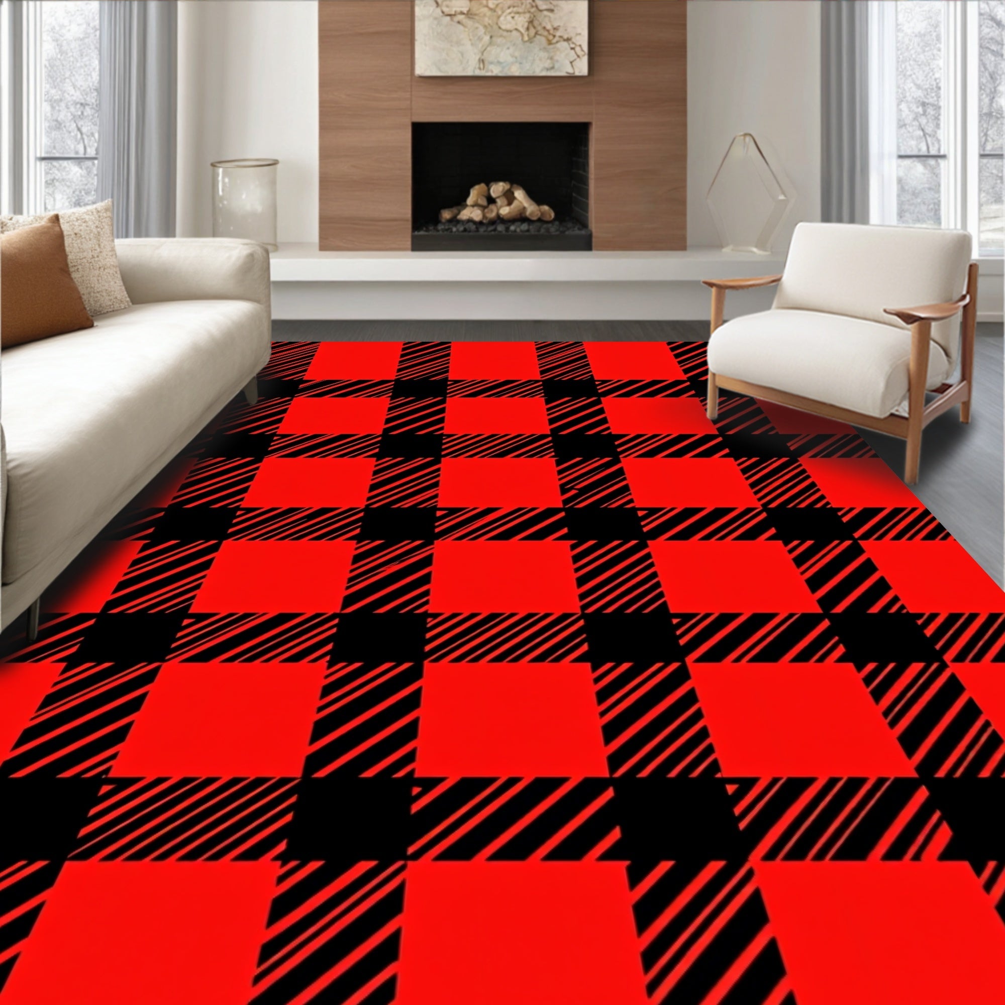 Classic Red Black Plaid Pattern Rug
