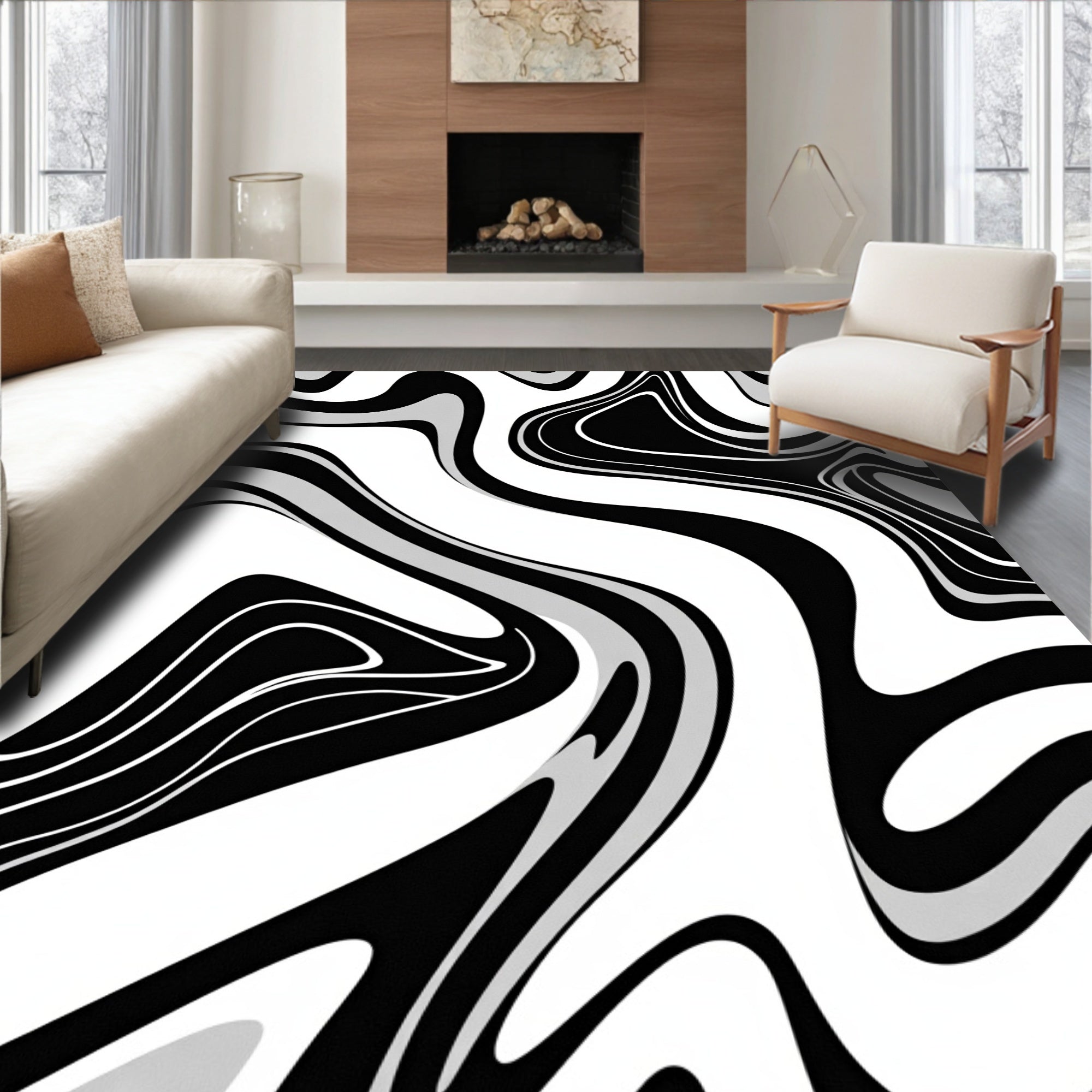 Black Gray Fluid Wave Rug