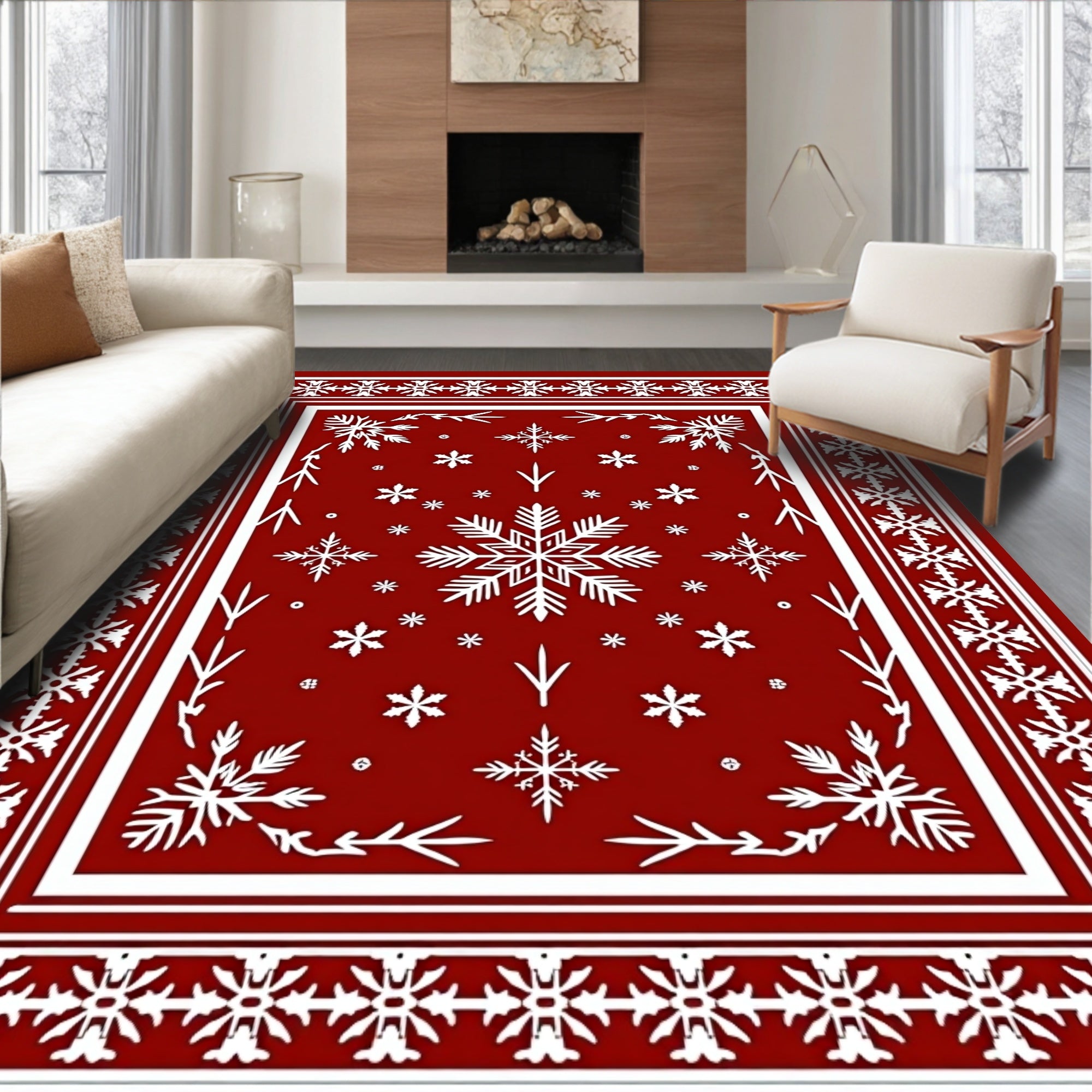 Red White Intricate Snowflake Pattern Rug