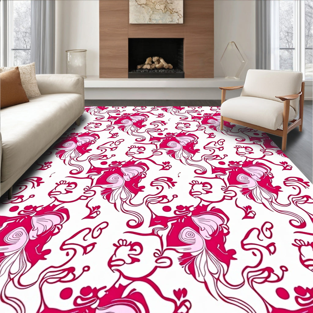 Whimsical Pink Floral Figure Pattern Rug