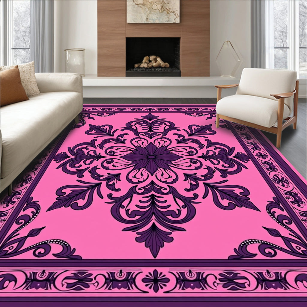 Ornate Floral Damask Pink Purple Rug