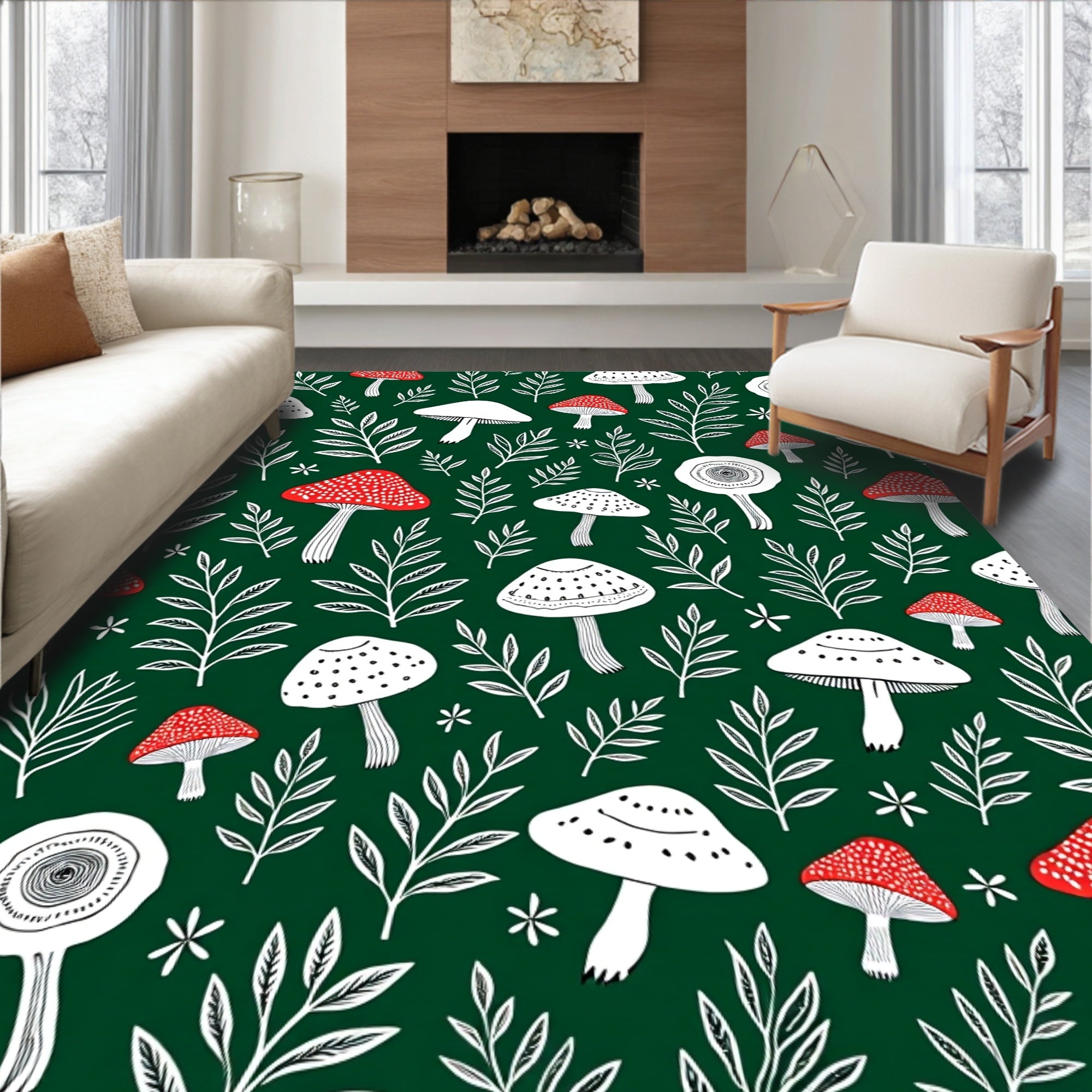 Whimsical Mushroom Forest Foliage Pattern Rug