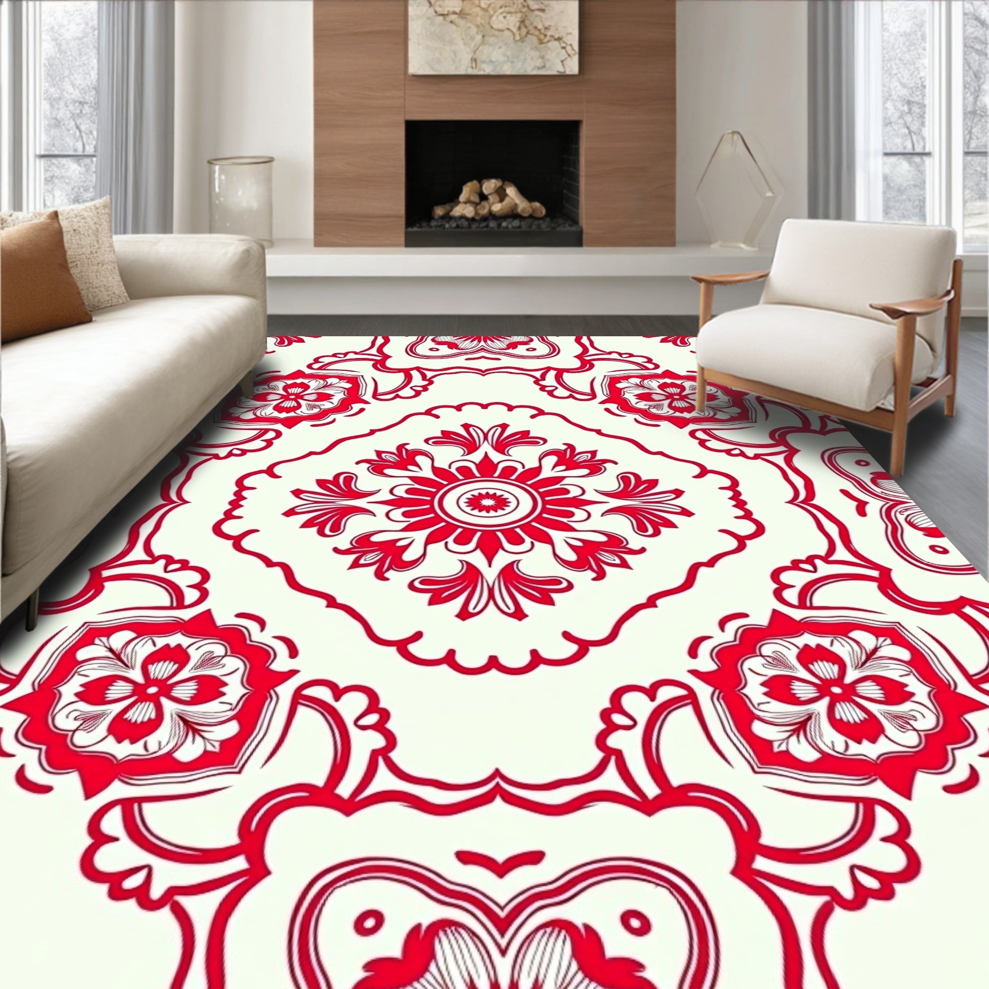 Intricate Red Floral Medallion Design Rug