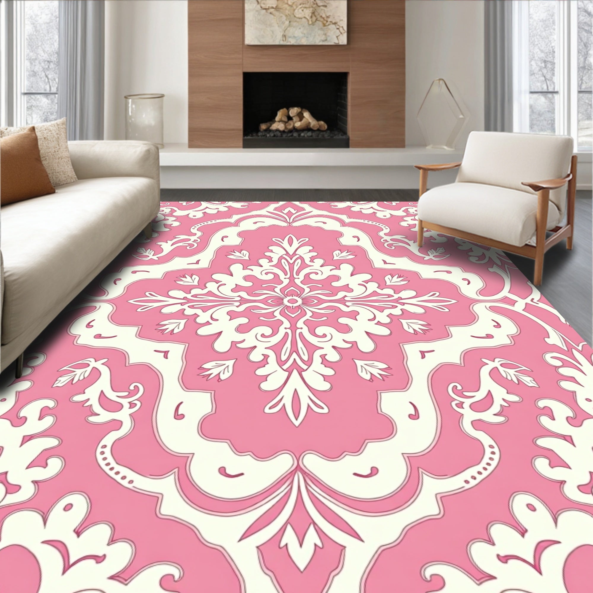 Pink Floral Damask Patterned Overlay Rug