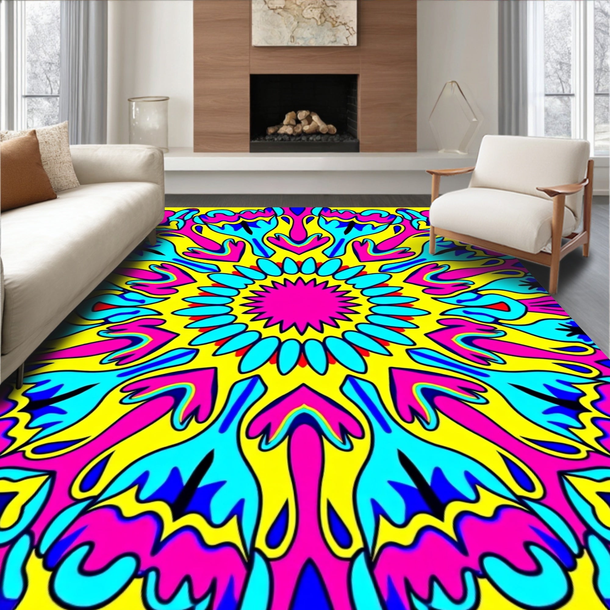 Vibrant Neon Psychedelic Mandala Rug
