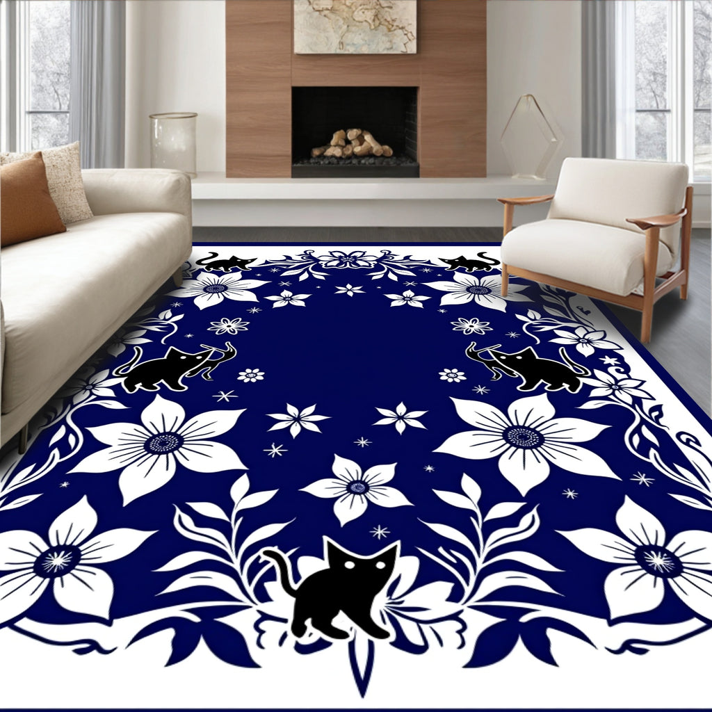 Whimsical Black Cats Floral Border Pattern Rug