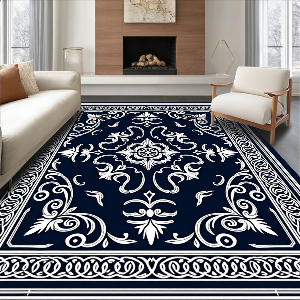 Intricate Floral Scrollwork Dark Blue Rug