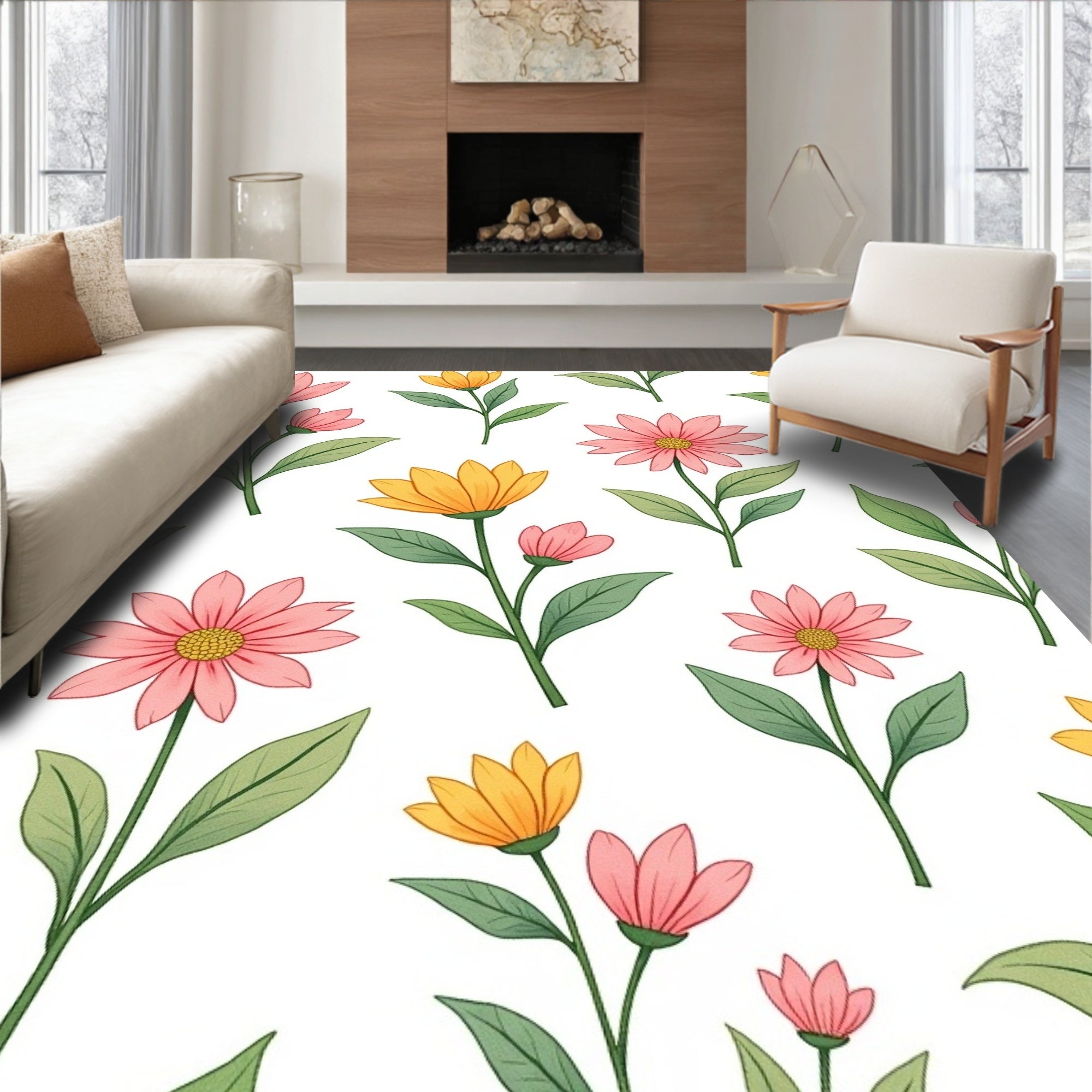 Pink and Yellow Floral Pattern Rug
