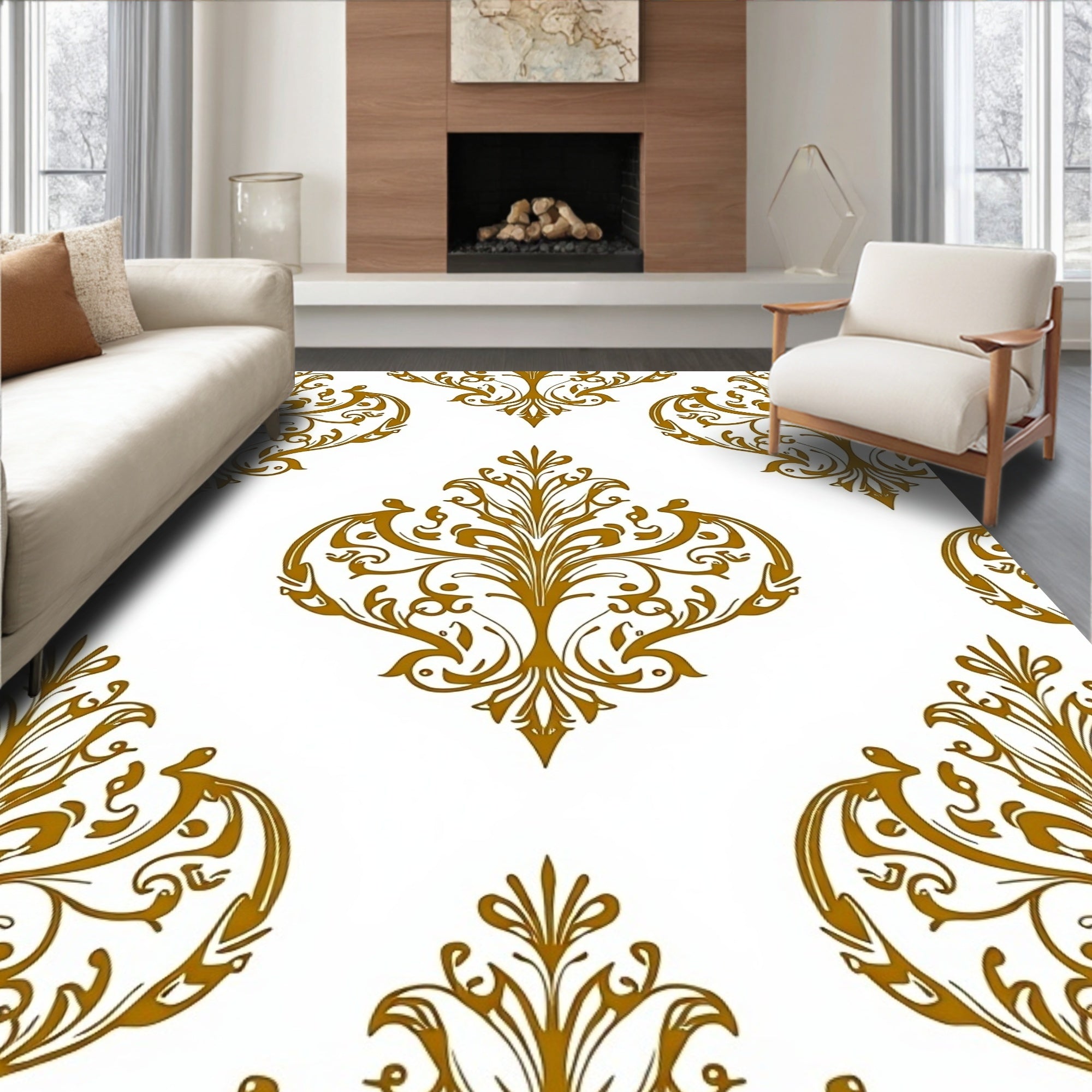 Elegant Gold Scrollwork Damask Design Rug