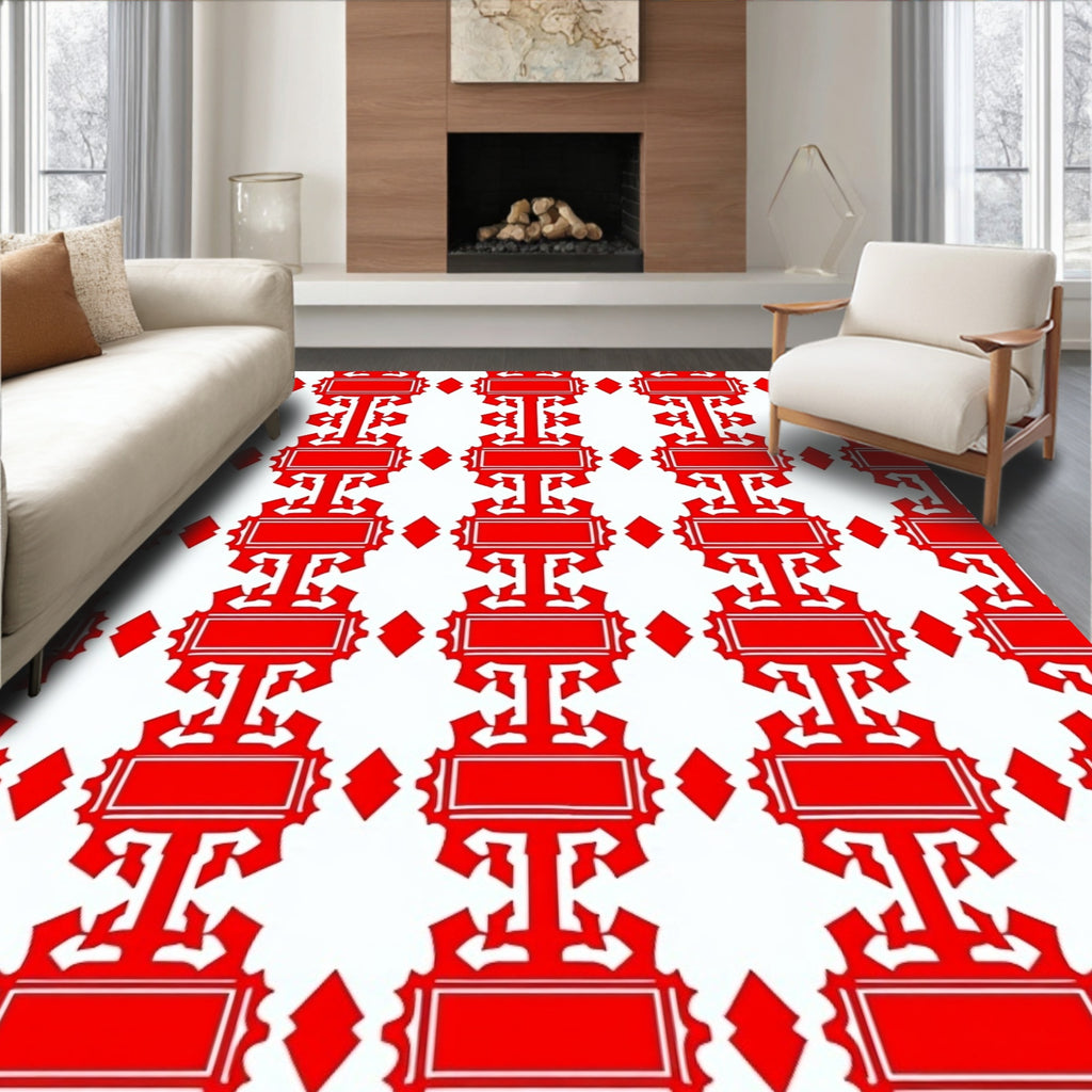 Red Rectangular Ornate Geometric Design Rug