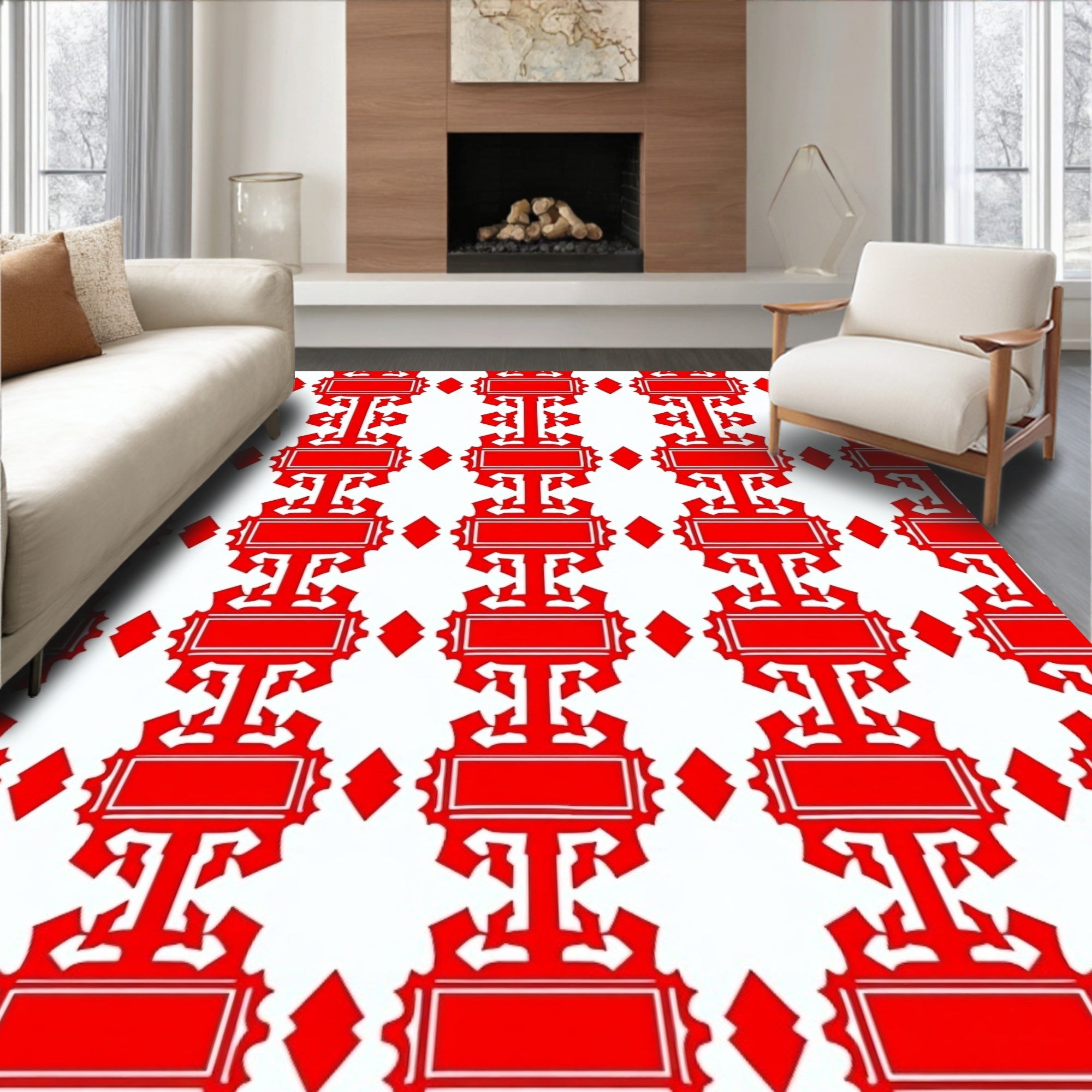 Red Rectangular Ornate Geometric Design Rug
