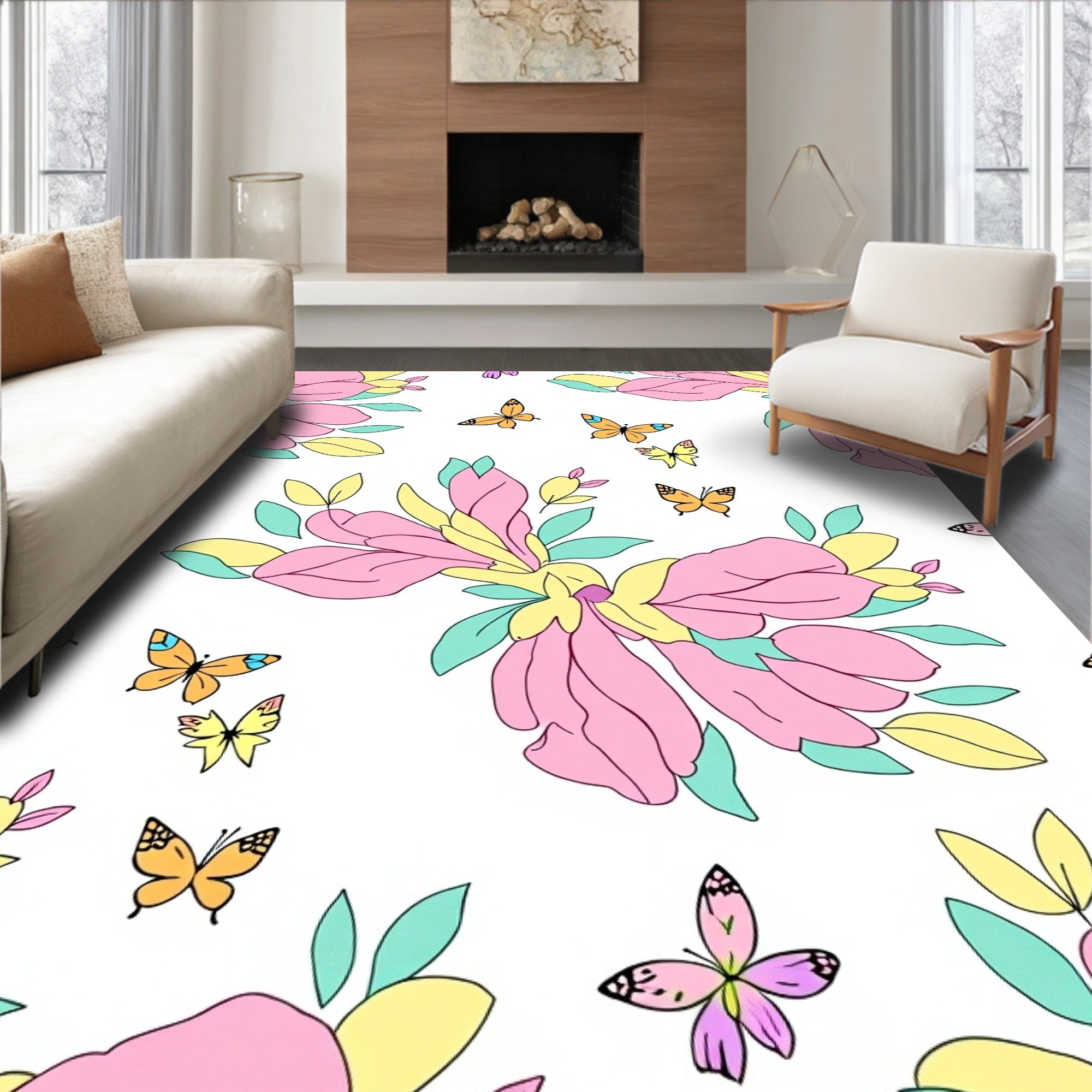 Pastel Butterfly Floral Whimsical Design Rug
