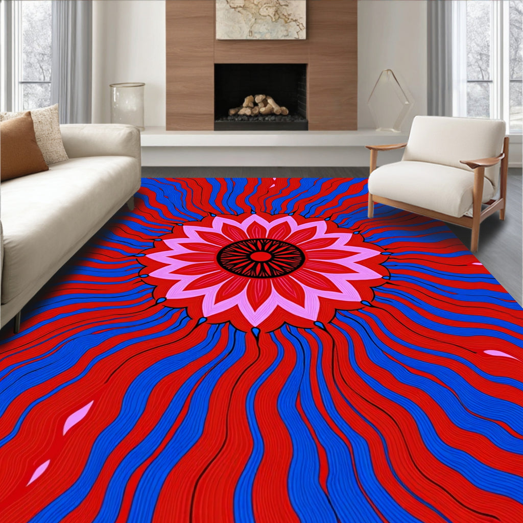 Bold Red Blue Sunburst Mandala Rug