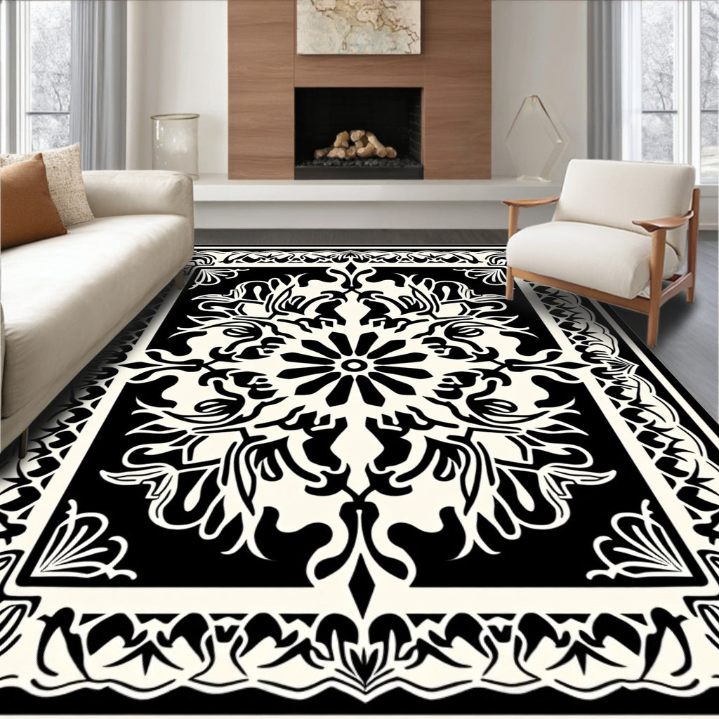 Black and Cream Ornamental Medallion Design Rug