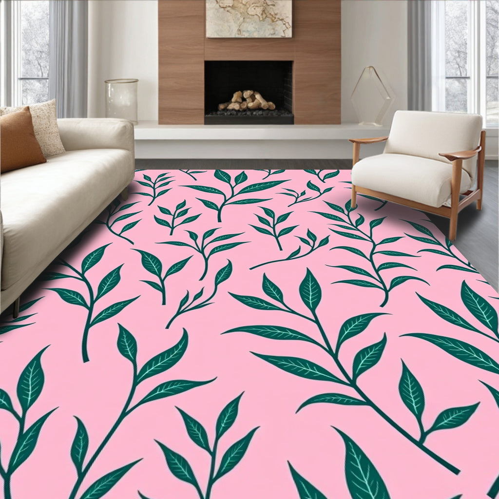 Green Leaf Branches Pink Backdrop Rug