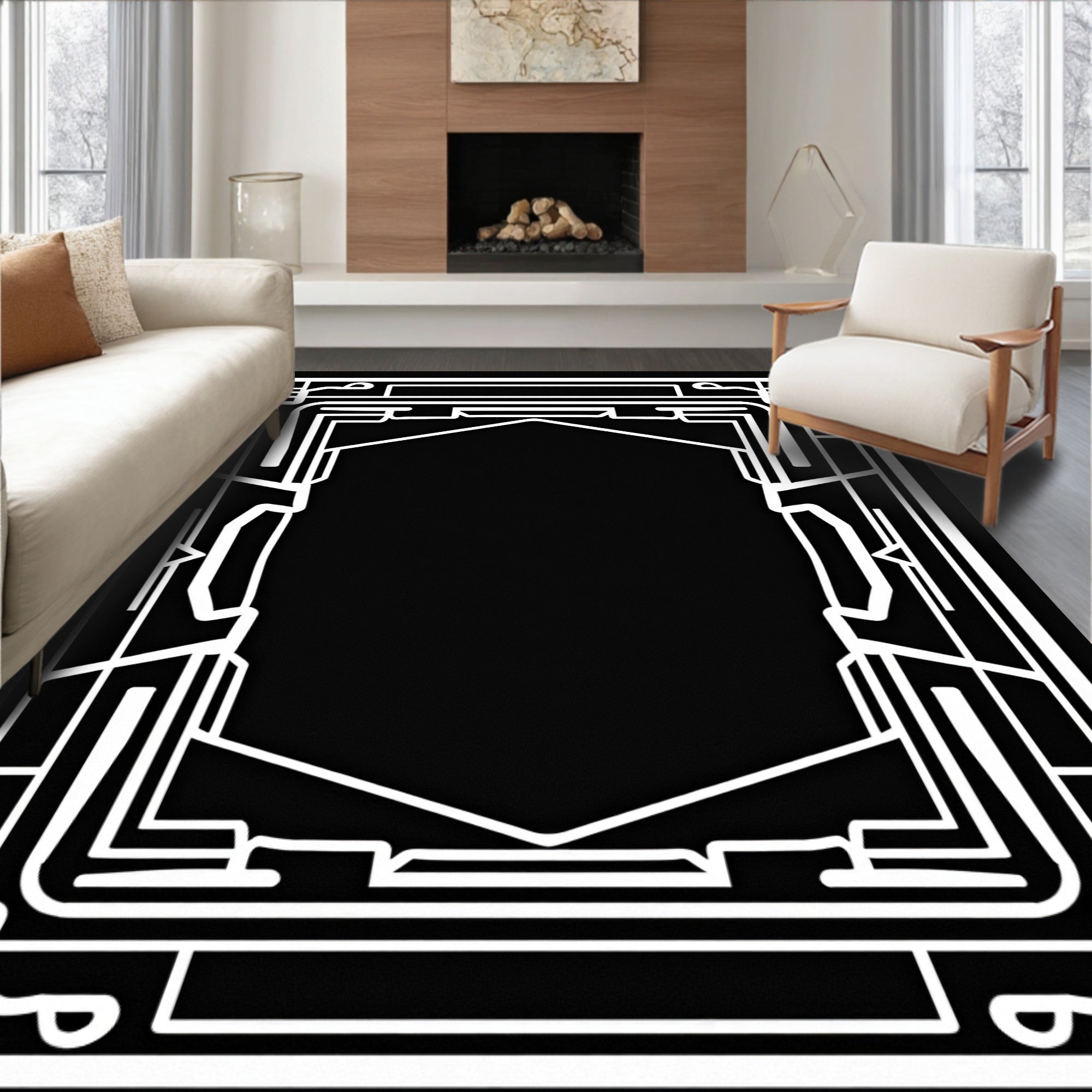 Art Deco Geometric Black White Design Rug