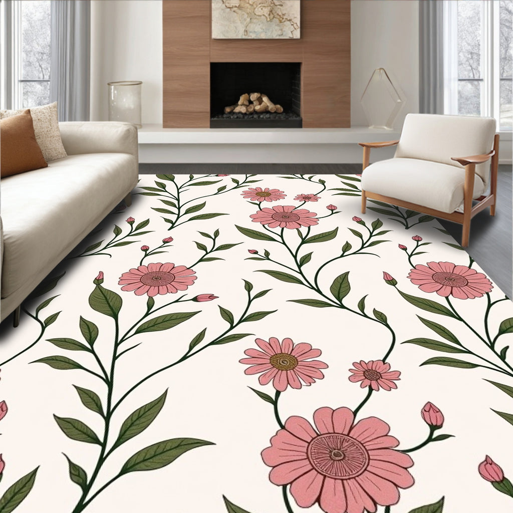 Vintage Pink Floral Vine Pattern Rug