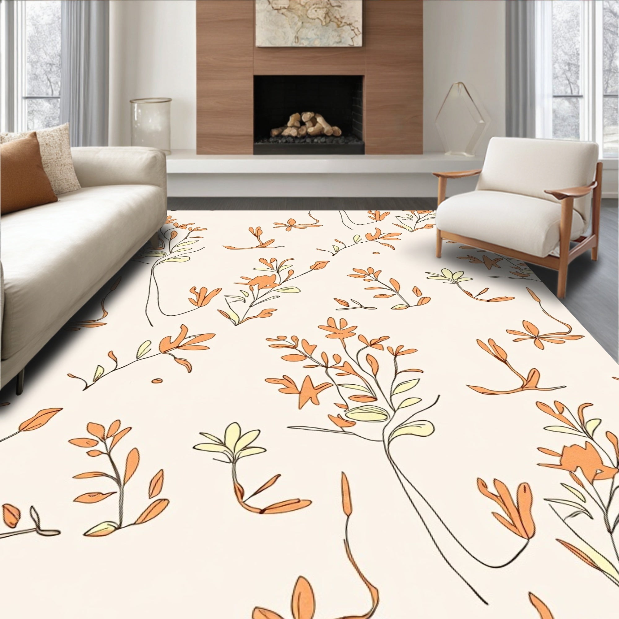 Orange Blossom Line Art Pattern Rug