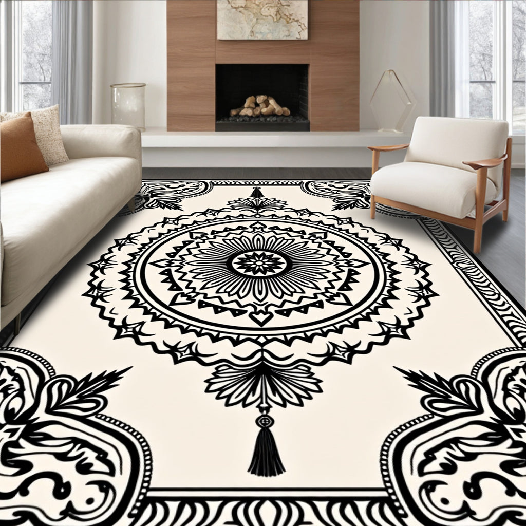 Ornate Black Cream Floral Medallion Rug