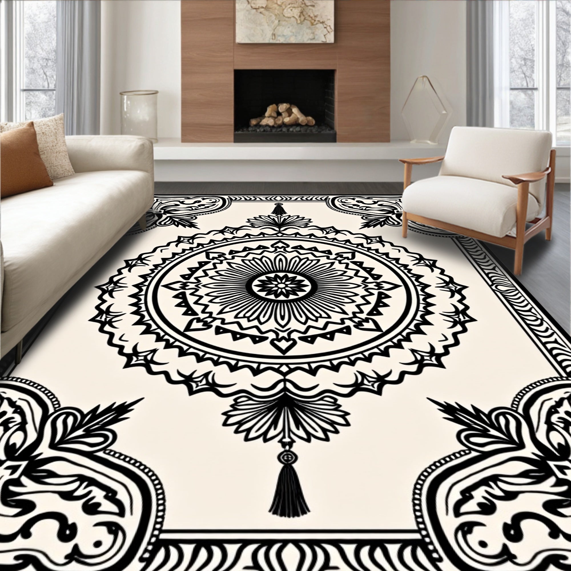 Ornate Black Cream Floral Medallion Rug