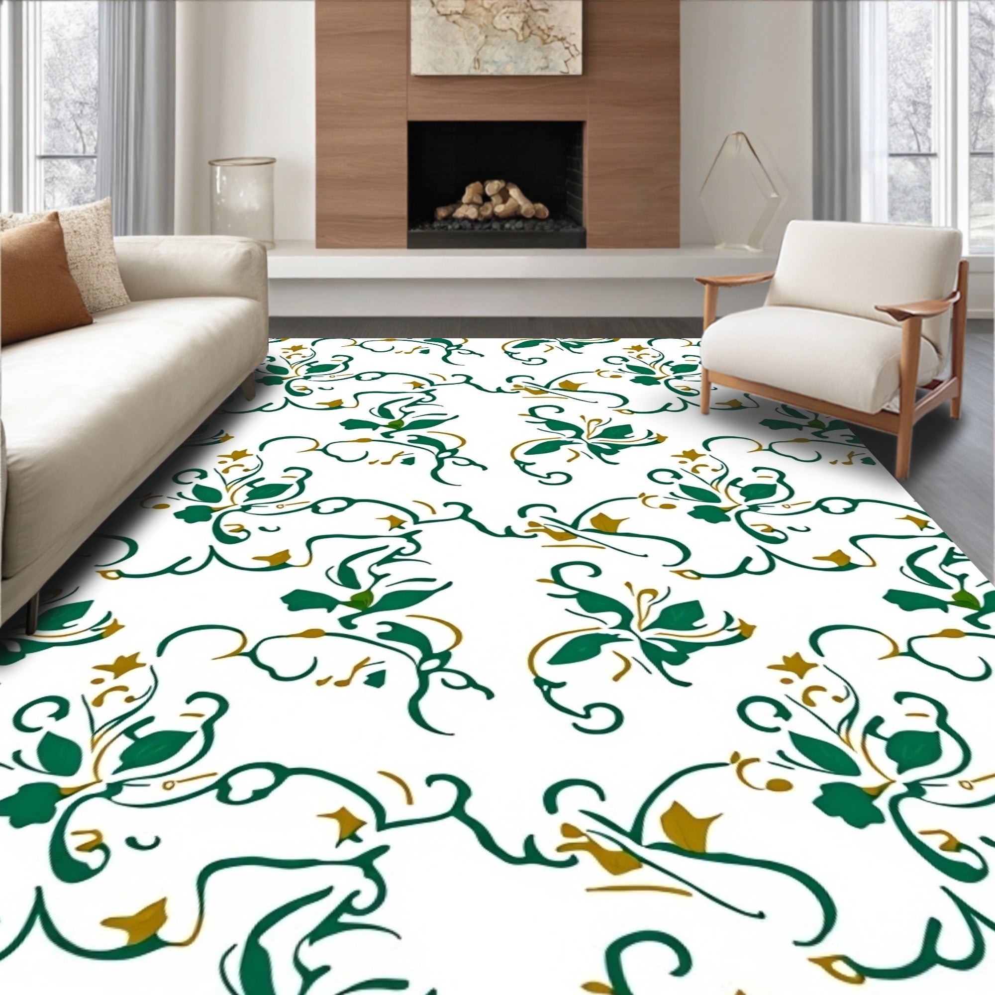 Emerald Green Floral Swirl Pattern Rug