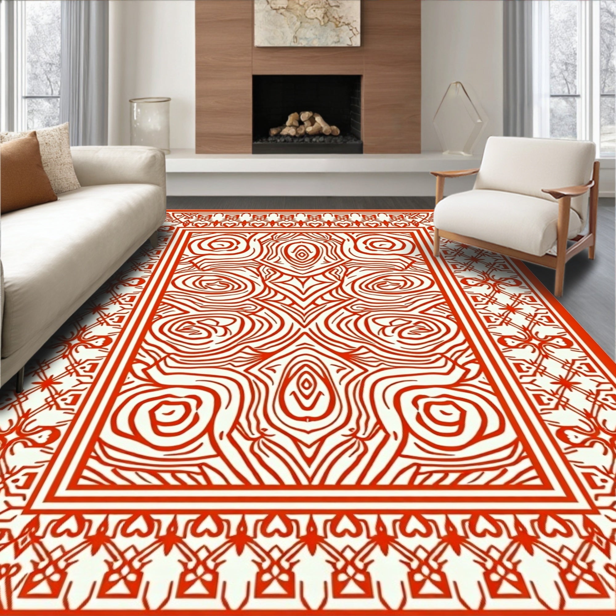 Red Ivory Intricate Border Design Rug
