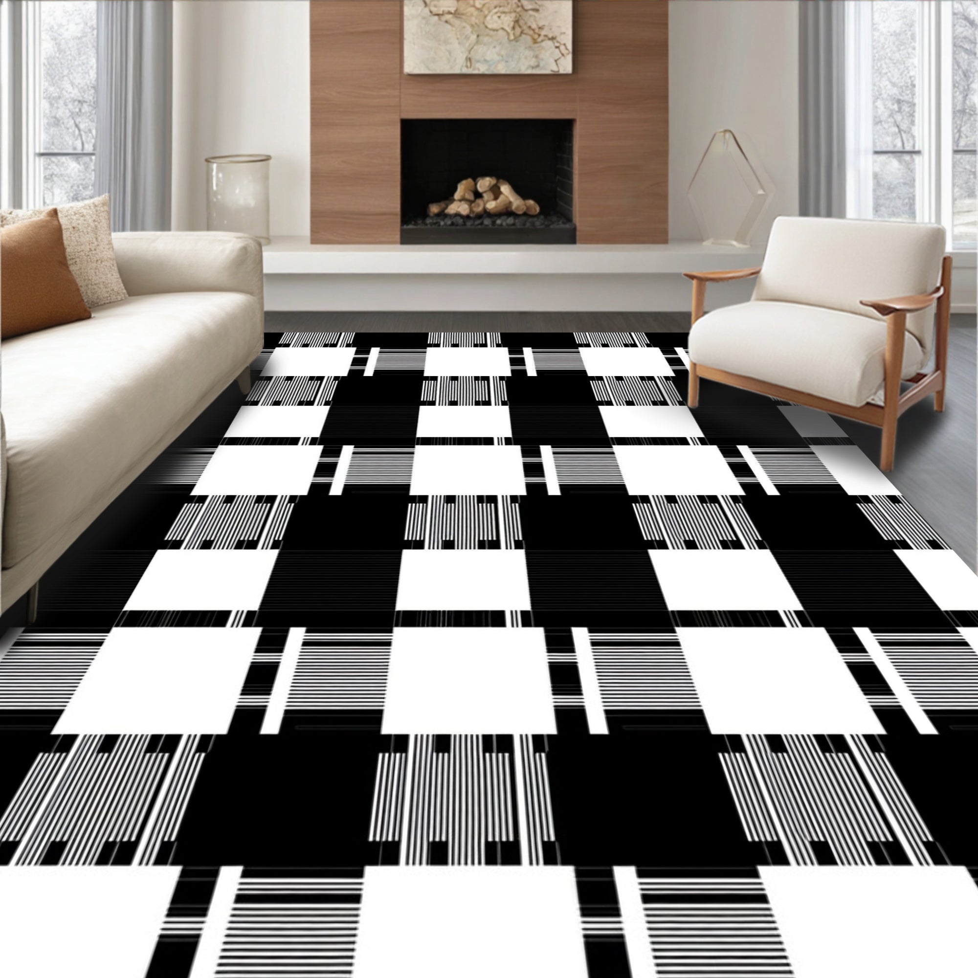 Bold Black White Stripe Square Pattern Rug