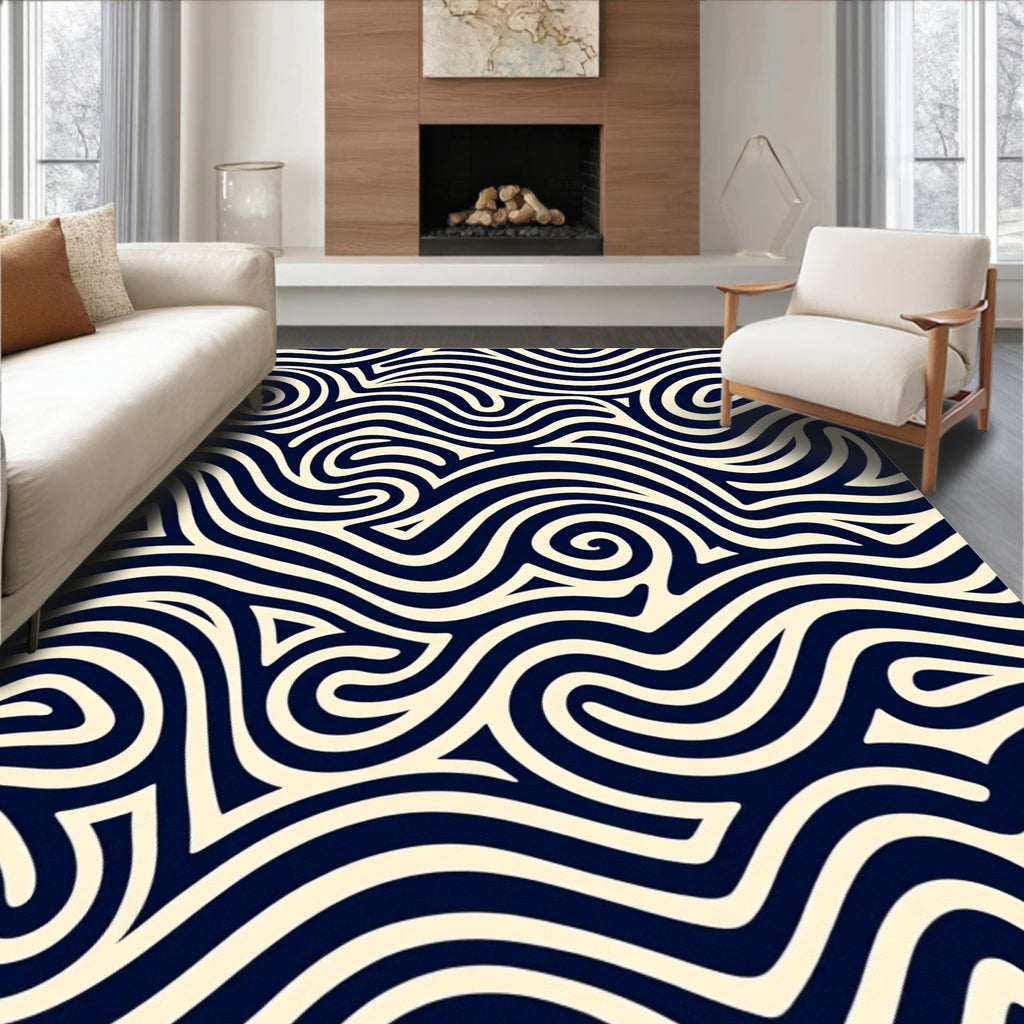 Navy Cream Swirling Waves Rug