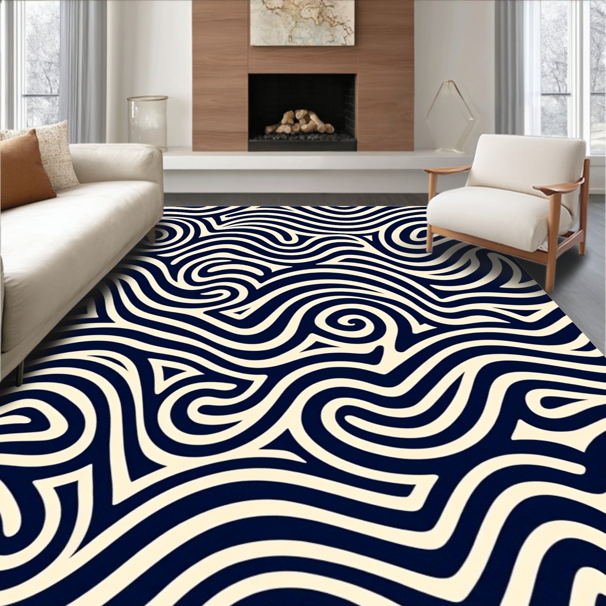Navy Cream Swirling Waves Rug