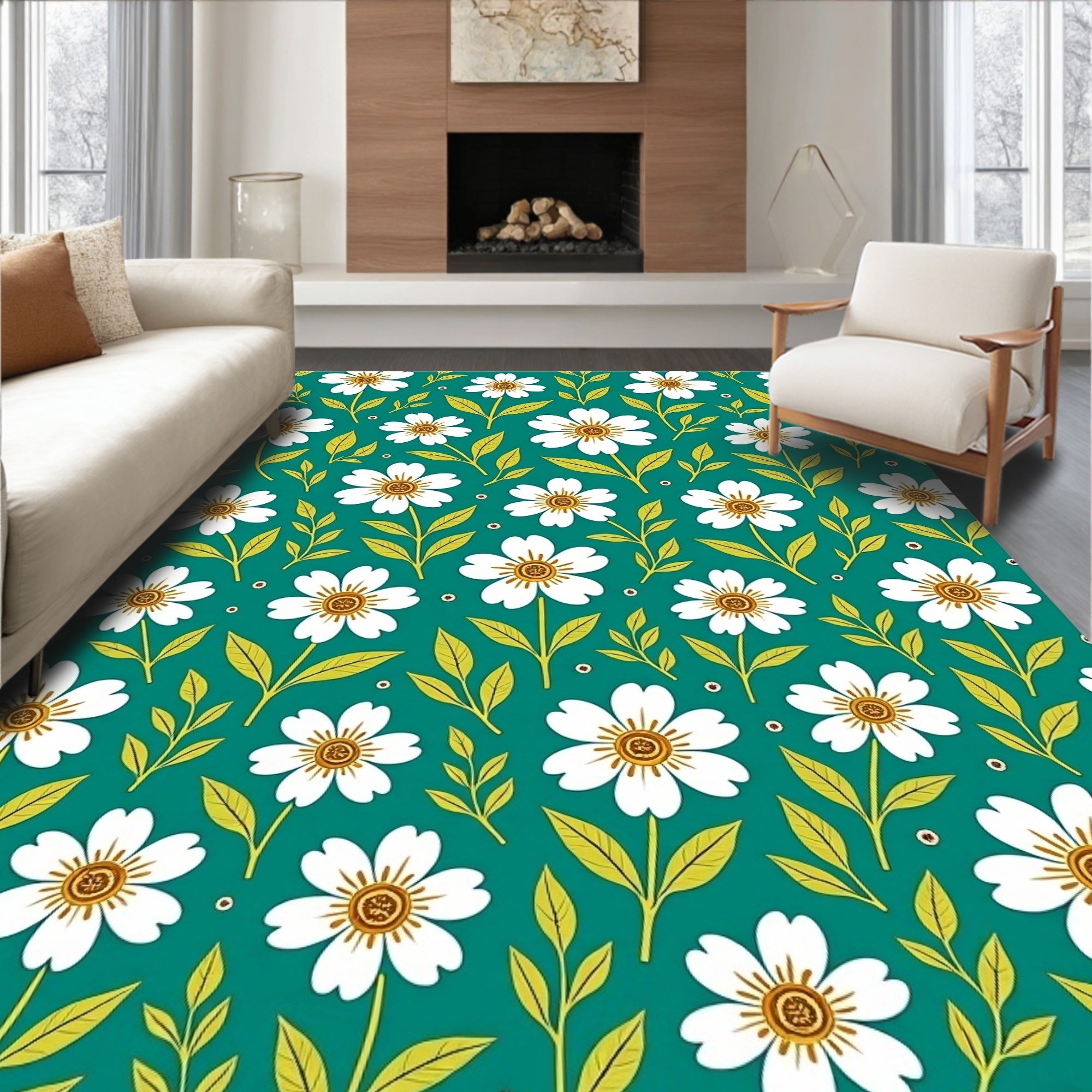 White Daisy Floral Pattern Rug