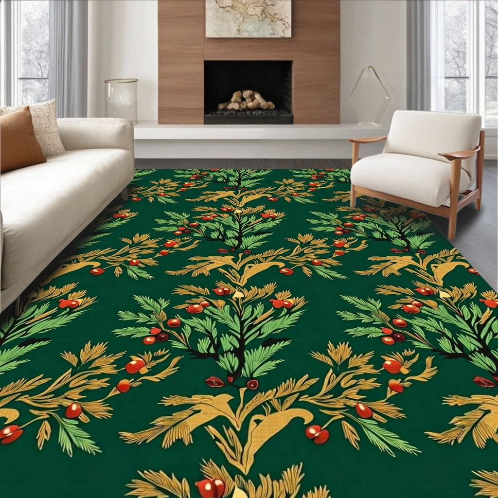 Green Red Gold Floral Vine Pattern Rug