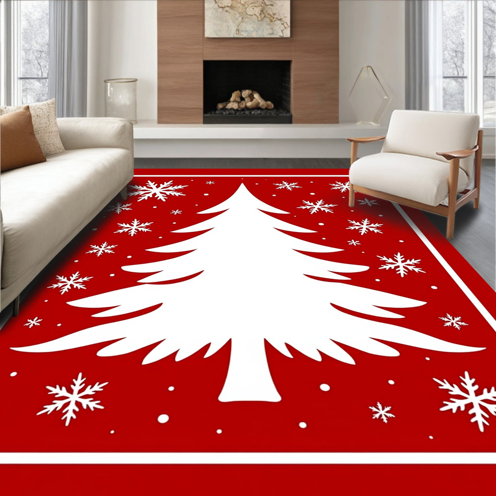 Festive Red Christmas Tree Snowflakes Rug