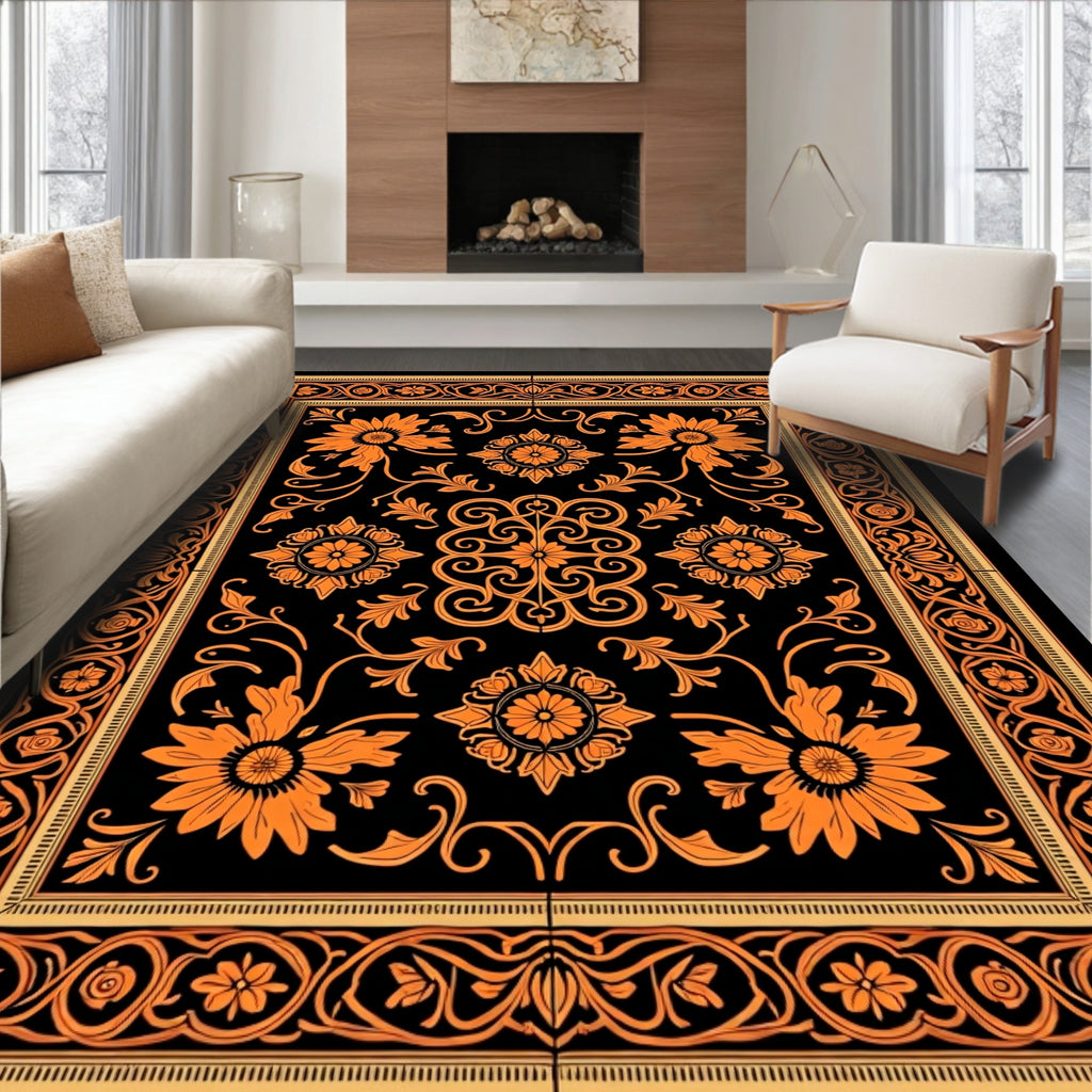 Orange Black Floral Medallion Scroll Rug