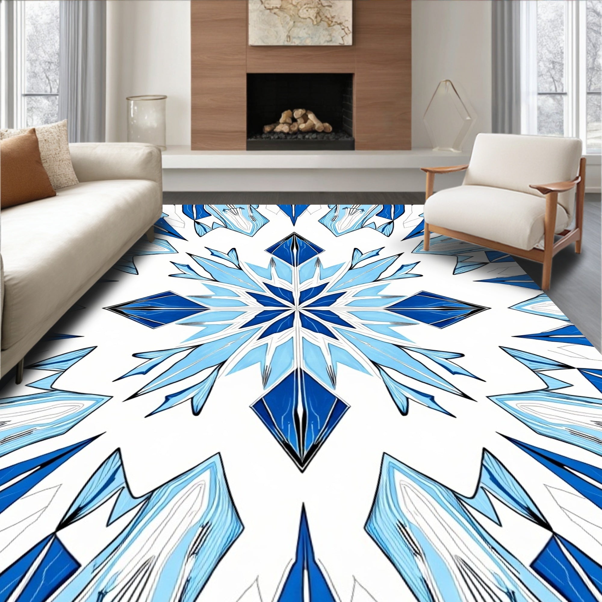 Sharp Blue Geometric Starburst Design Rug