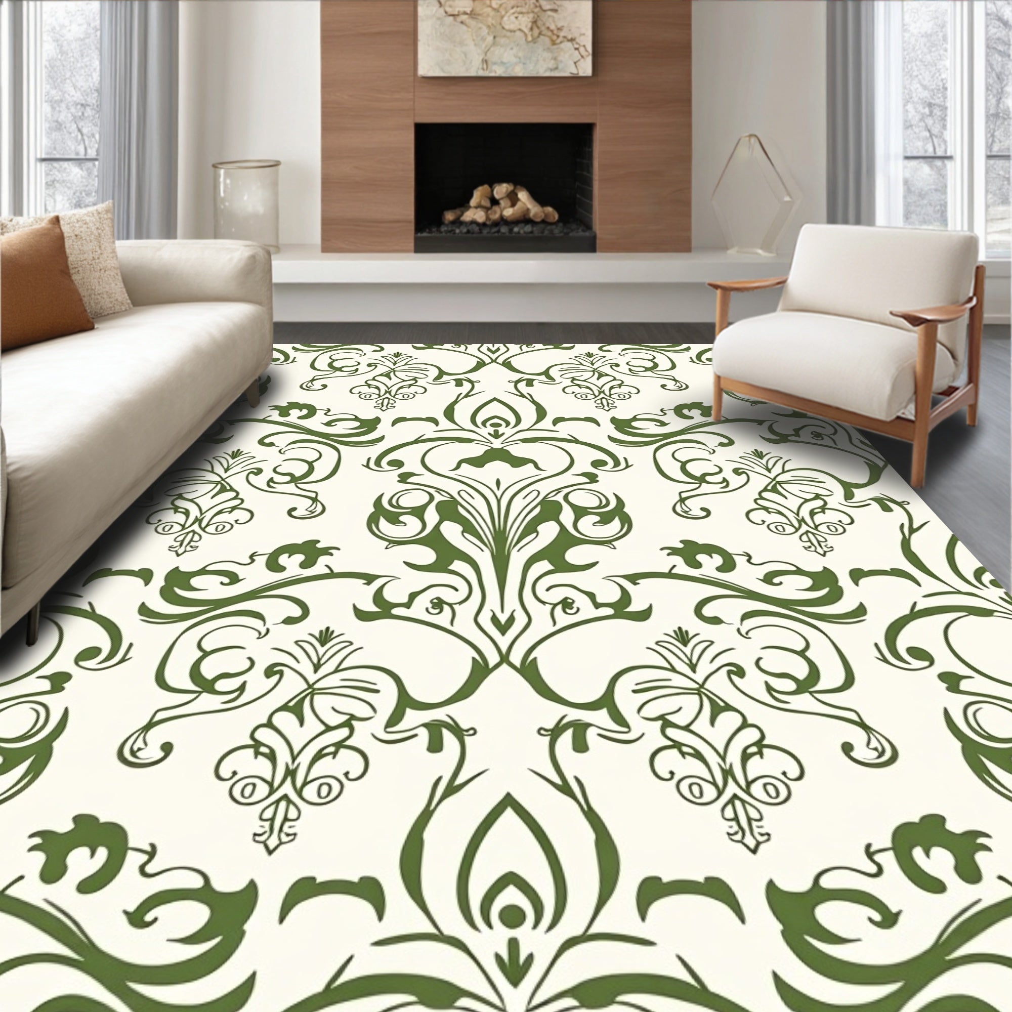 Green Floral Damask Pattern Rug