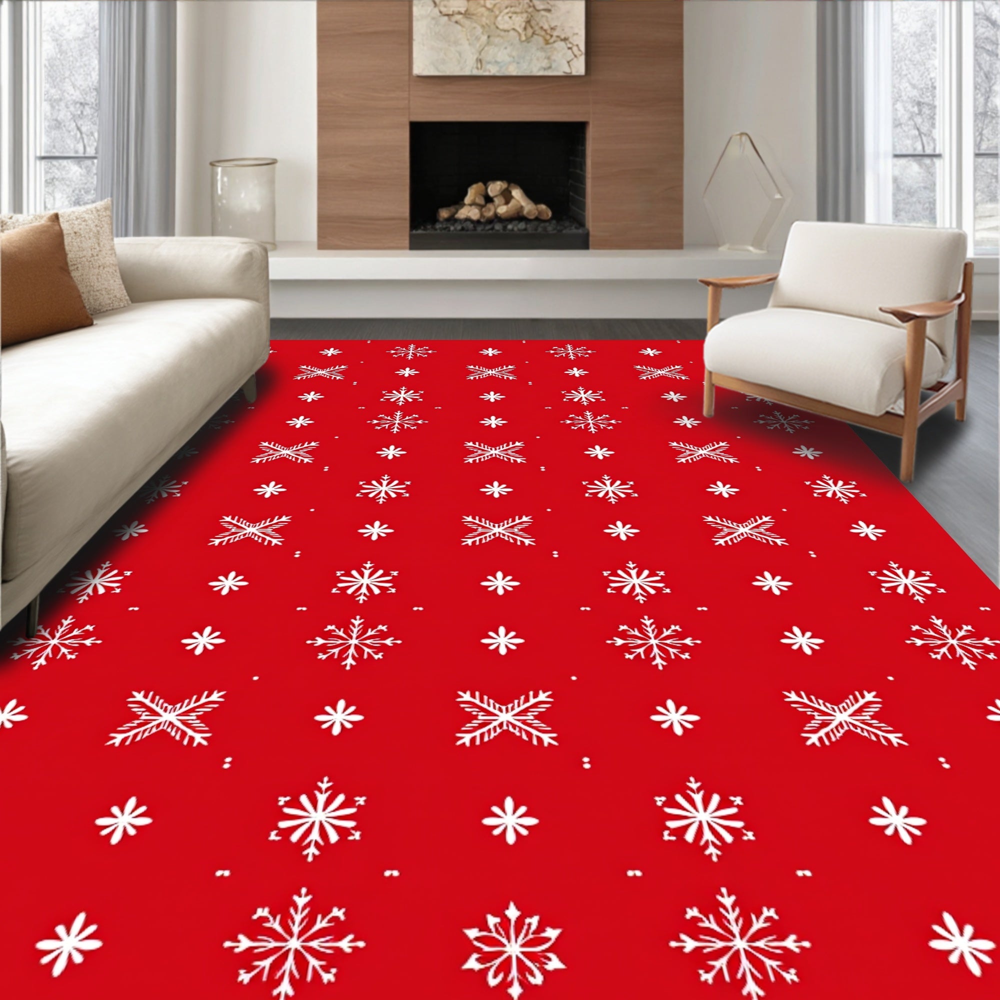 Red White Snowflake Pattern Rug