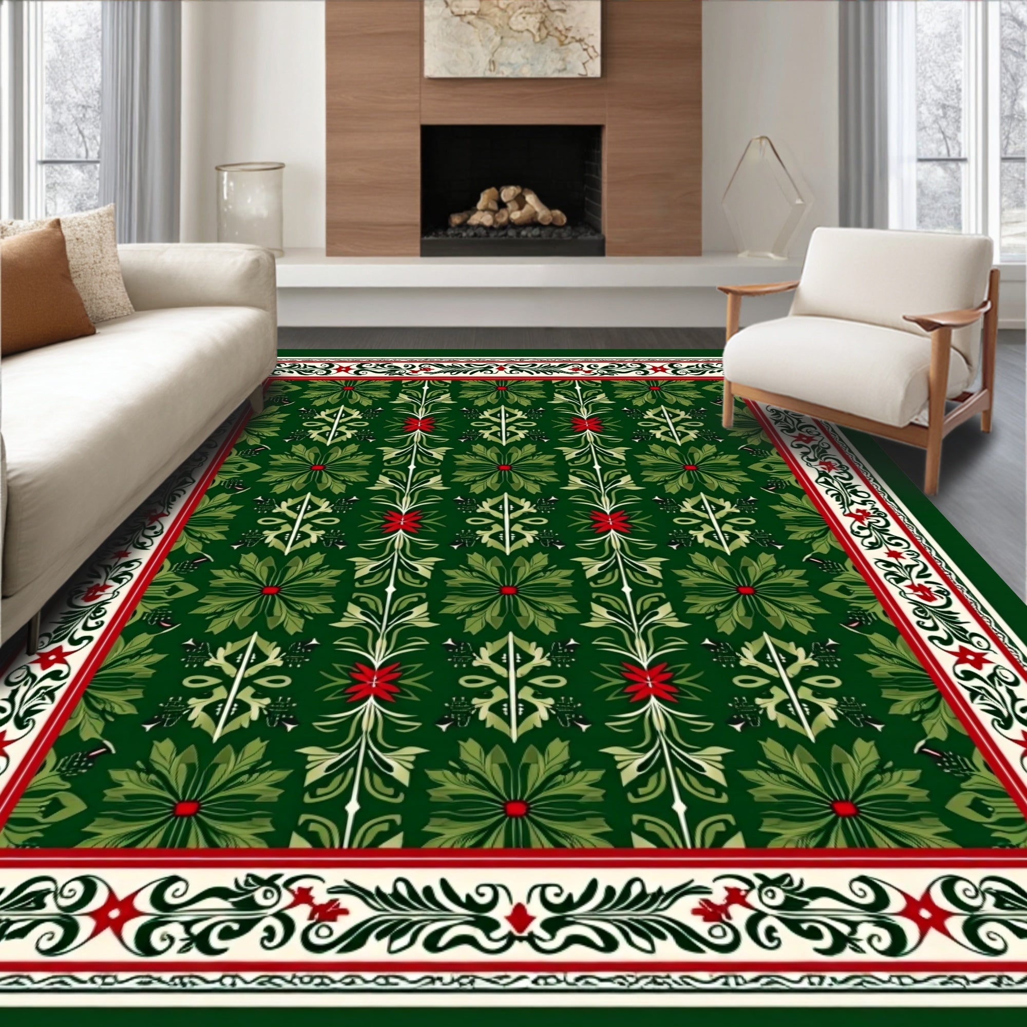 Green Floral Scrollwork Inspired Design Rug