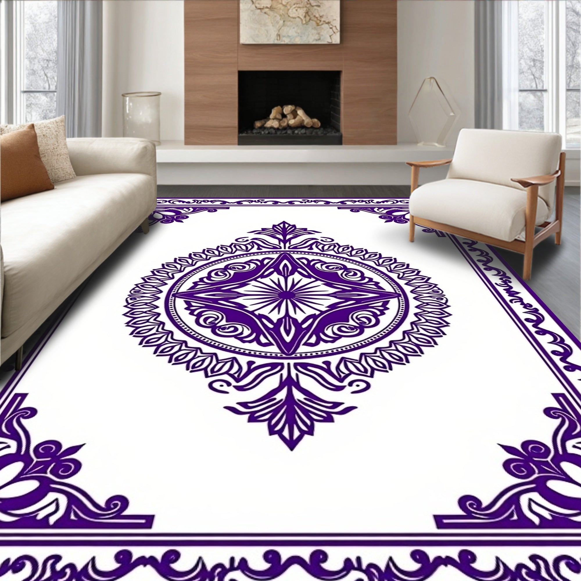 Purple Mandala With Floral Border Rug