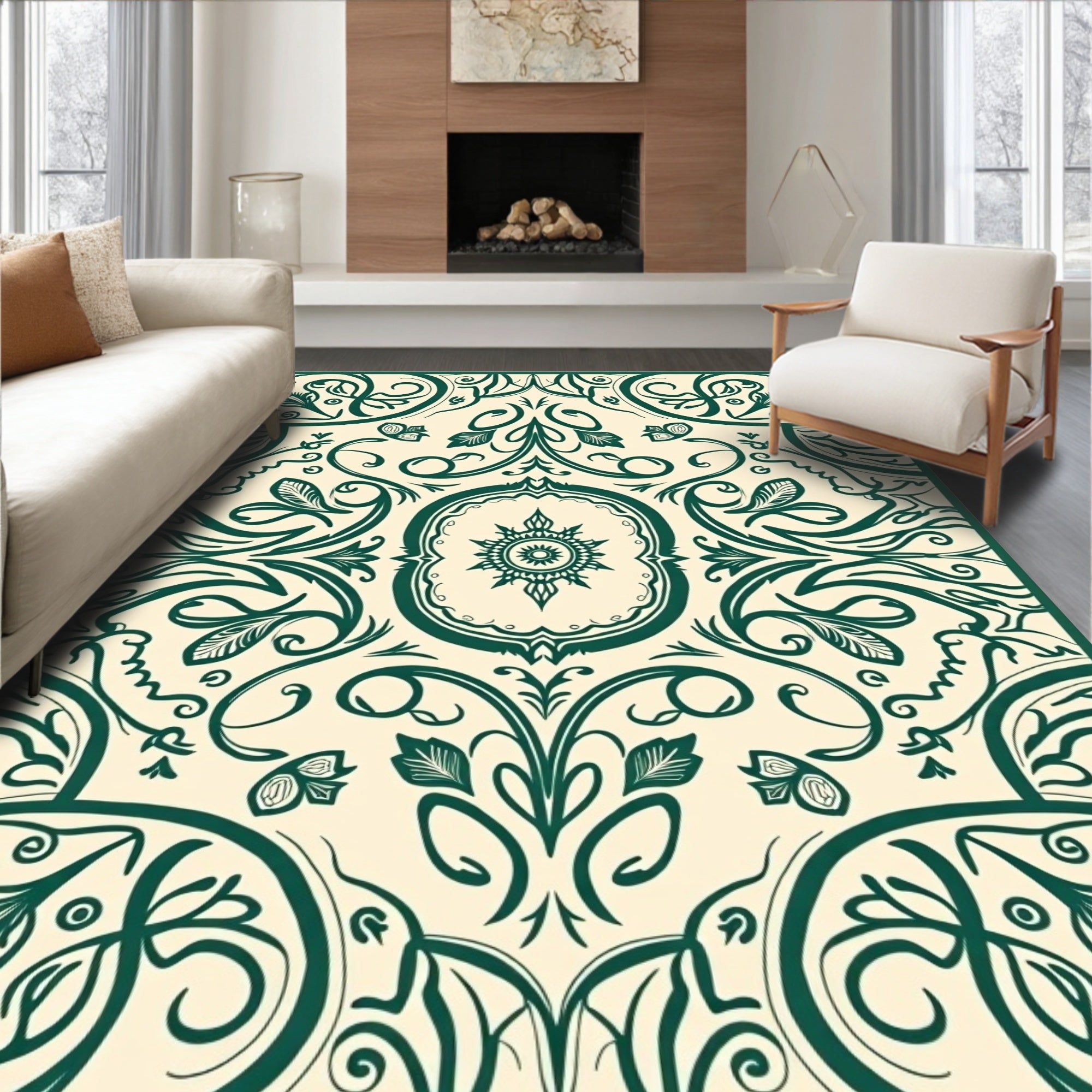 Ornate Emerald Swirl Floral Design Rug