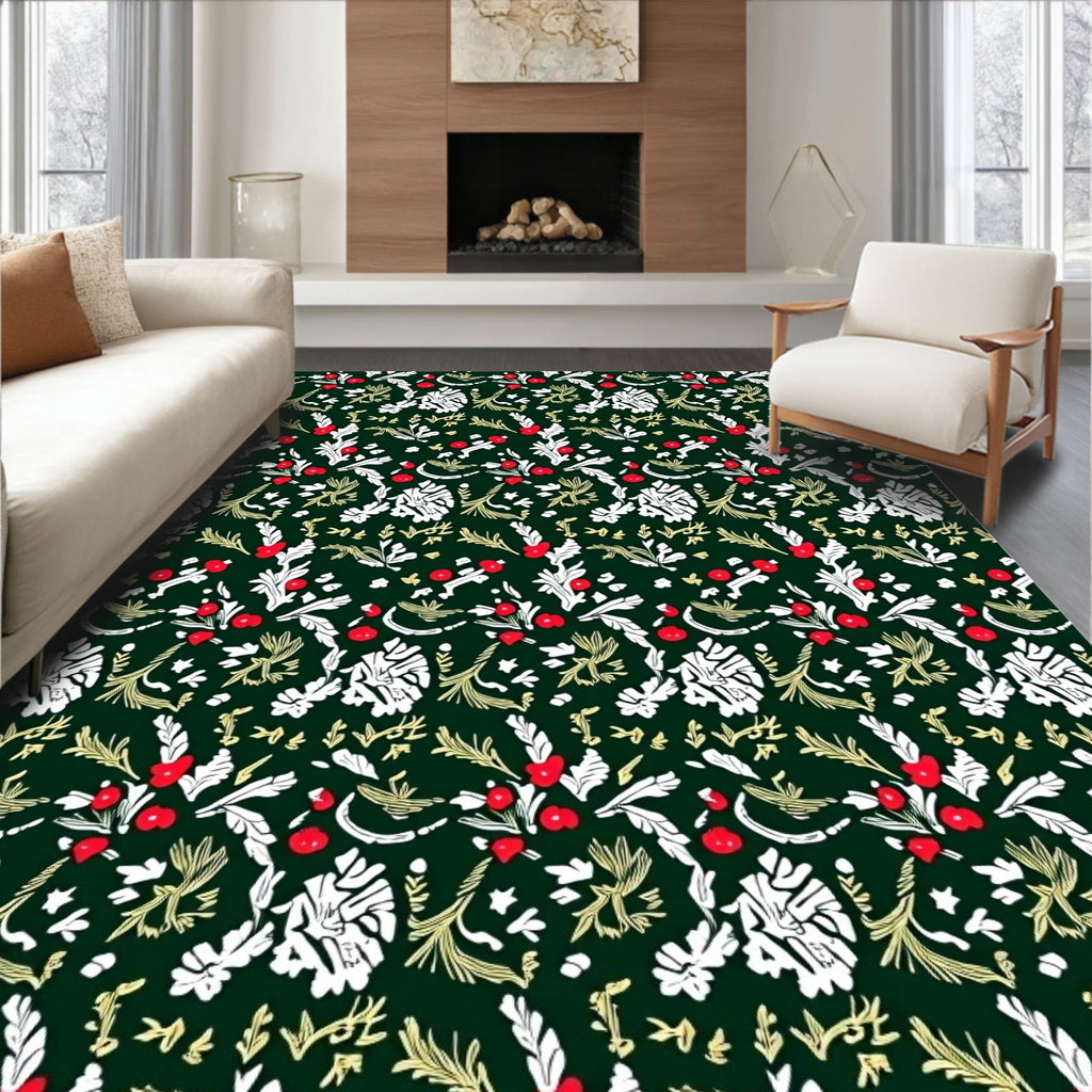 Dark Forest Red White Leaf Accents Rug