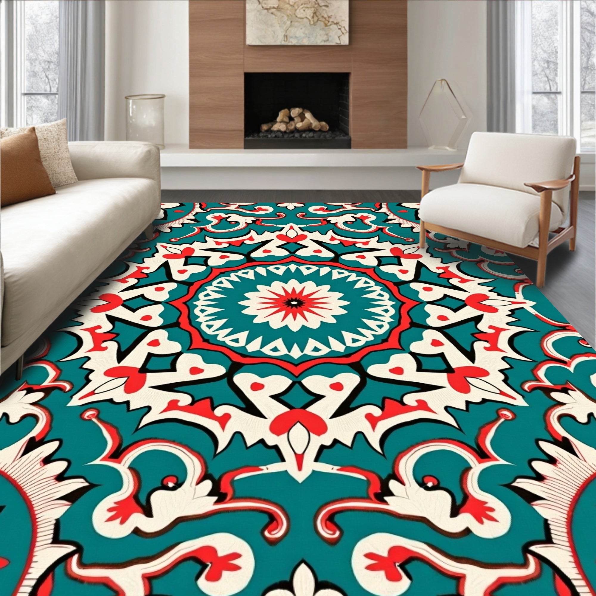 Teal Red White Intricate Mandala Rug