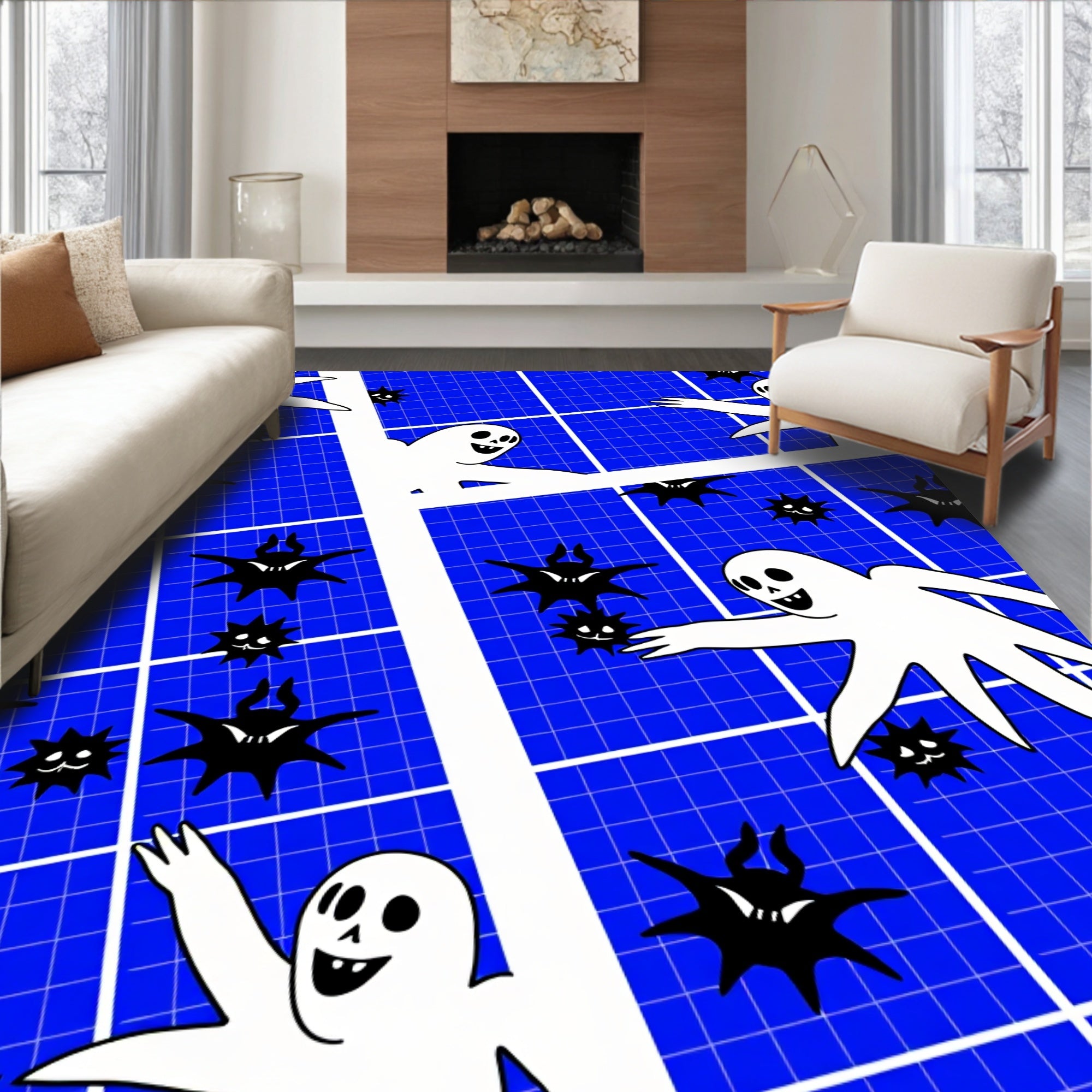 Spooky Ghost Monster Grid Pattern Rug