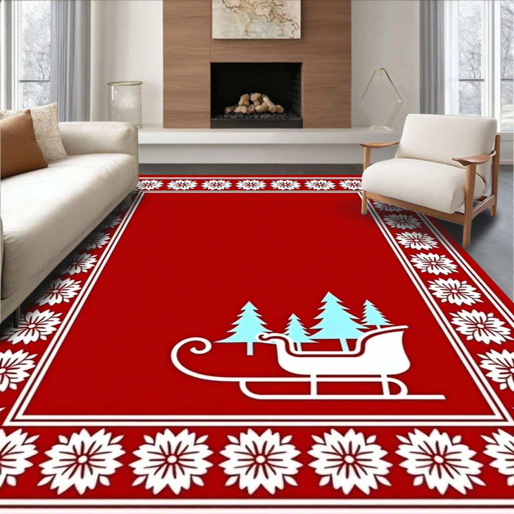 Red Festive Sleigh Floral Border Rug