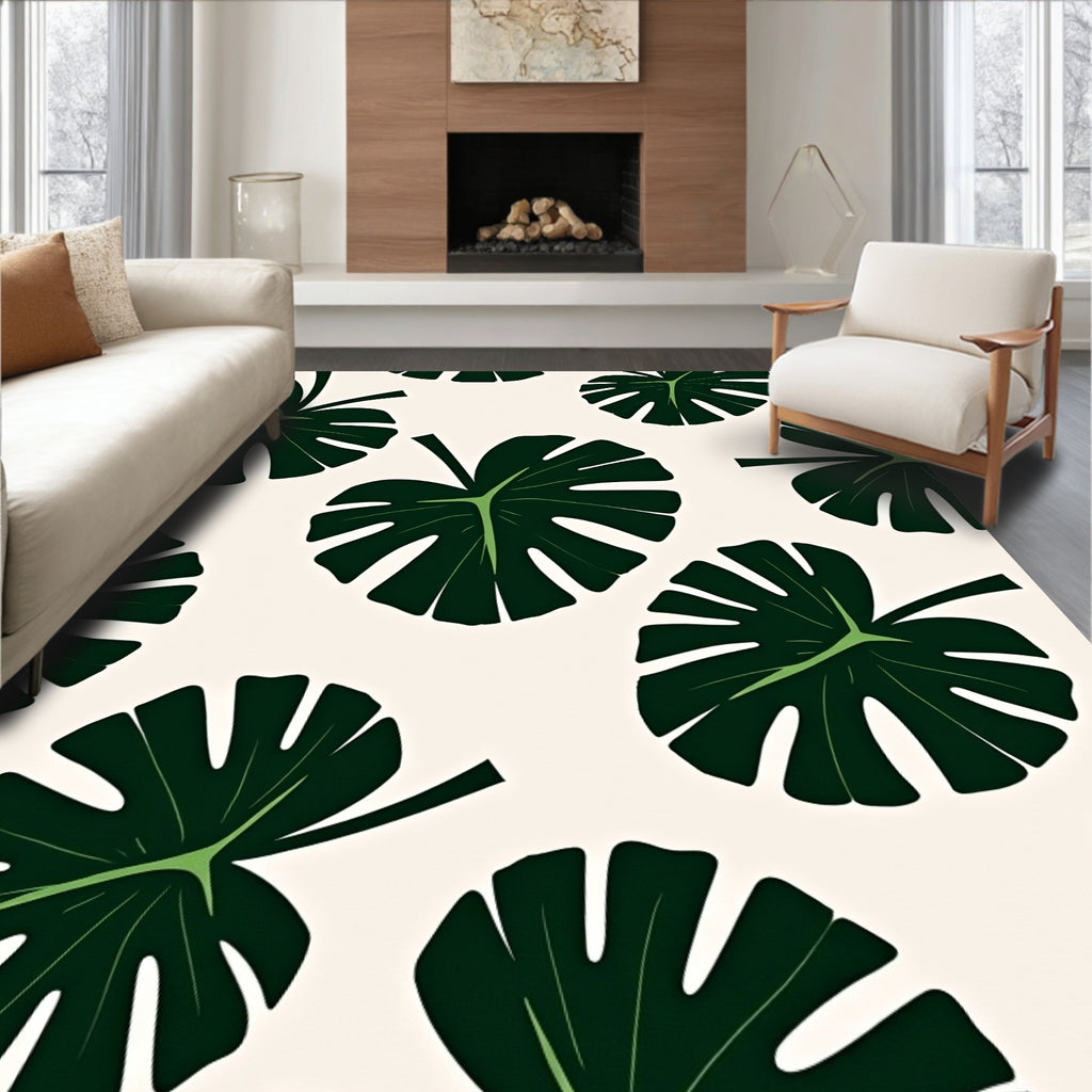 Dark Green Tropical Monstera Leaves Rug