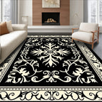 Black Cream Arabesque Flourish Pattern Rug