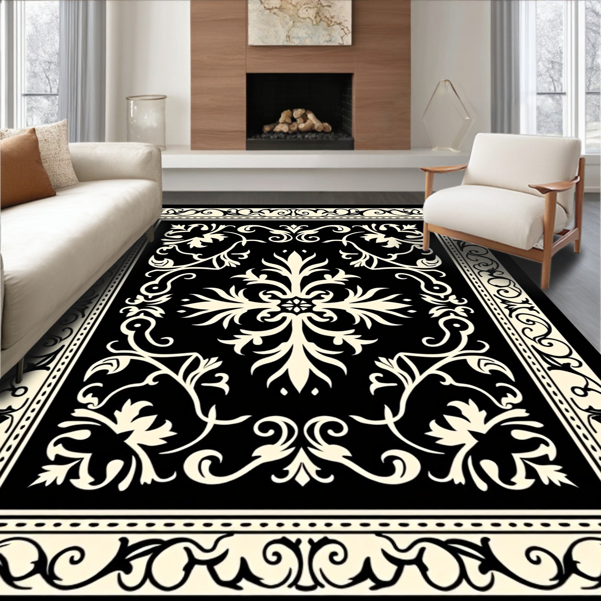 Black Cream Arabesque Flourish Pattern Rug