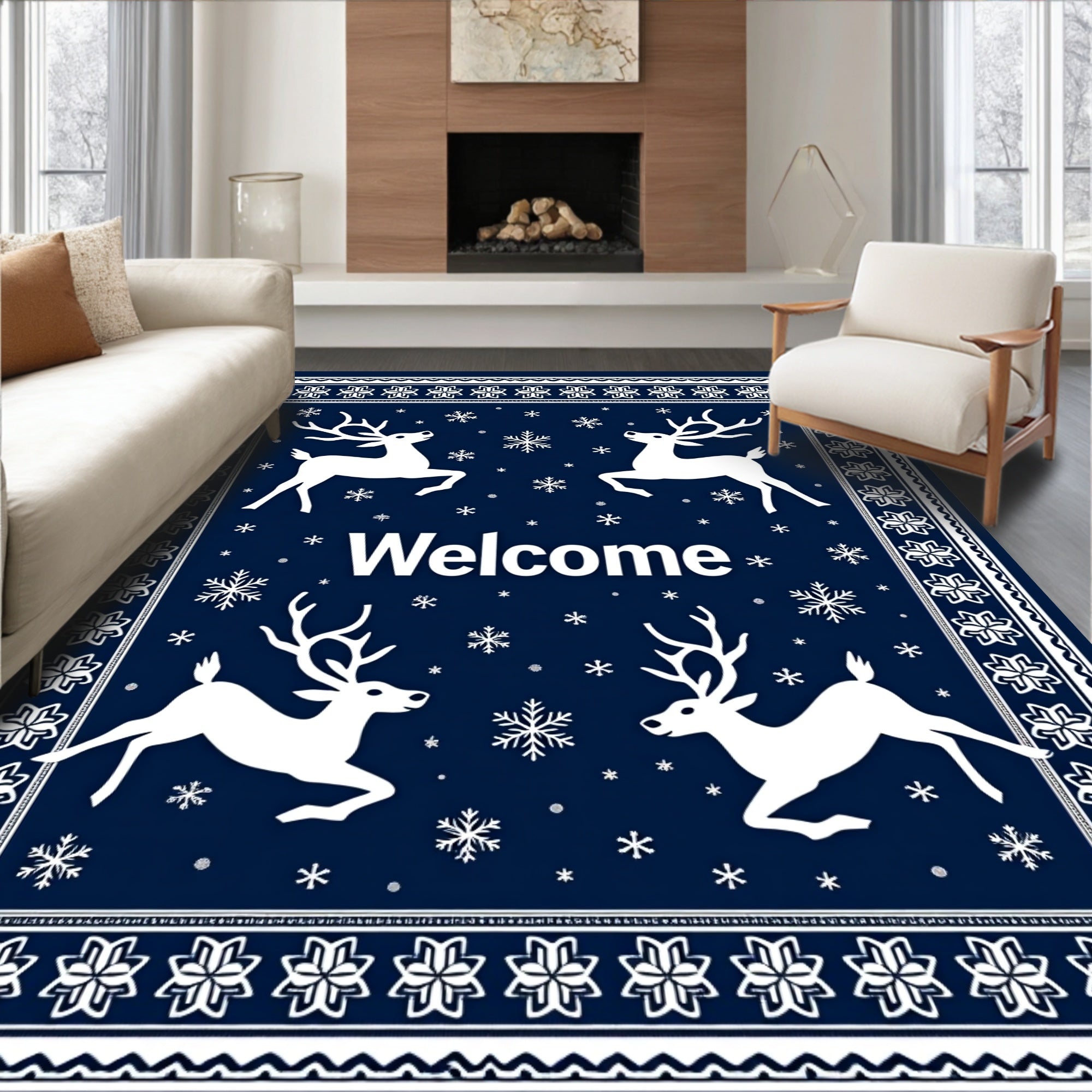 Winter Deer Snowflake Welcome Design Rug